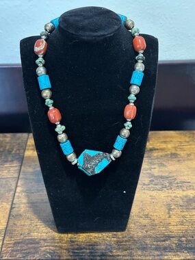 Vintage Turquoise & Coral Beaded Necklace